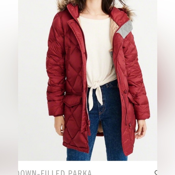 Abercrombie & Fitch Down-Filled Parka Jacket Size XS Raspberry Red Fur Hood - Picture 2 of 16